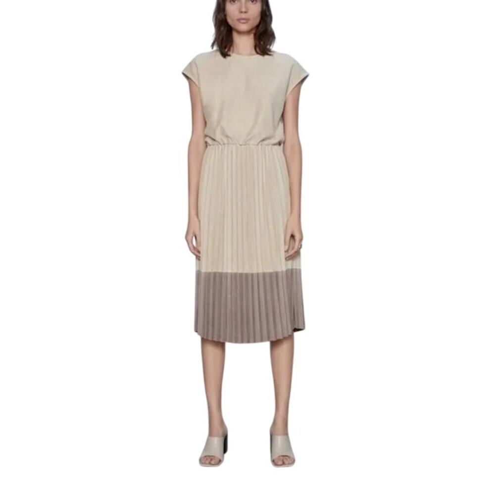 Zara Ombré Pleated Dress Cream Tan Brown Accordion Classy Minimalist Size Small
